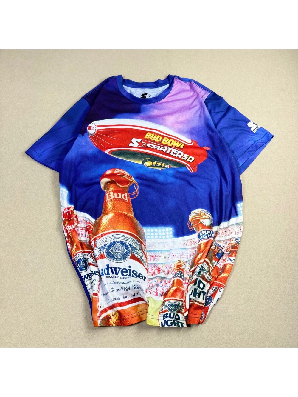 Starter 50 x Budweiser Bud Bowl All Over Print T-Shirt L Retro Bud Light Blimp